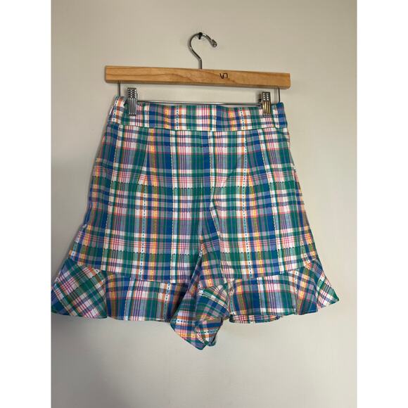 NWT Sezane High Rise Embroidered Cotton Frilled Hem Dorian Shorts Blue Size: 4 - Picture 7 of 8